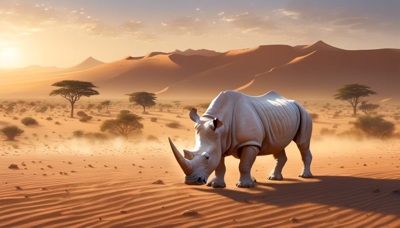 Albino Rhinoceros in the Sahara at Sunrise