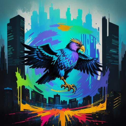 Rainbow Eagle Graffiti Art on City Wall