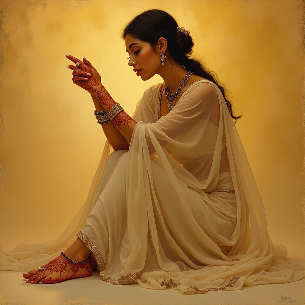 Indian Noblewoman in Art Nouveau-Inspired Saree