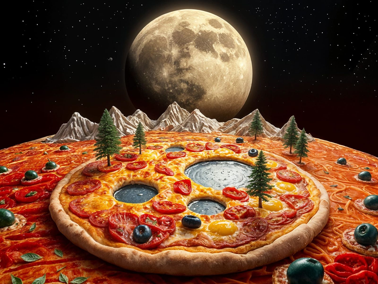 Hyperdetailed Pizza Moon Landscape of Cheese and Toppings
