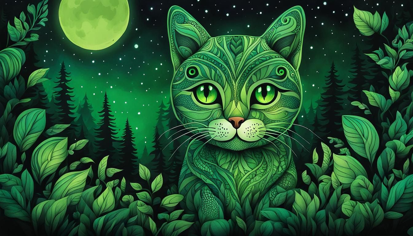Green Cat in Mysterious Forest: Zentangle Ink Art