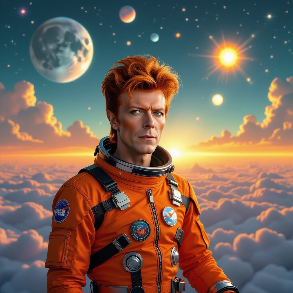 David Bowie in Orange Spacesuit Amidst Surreal Digital Dream...