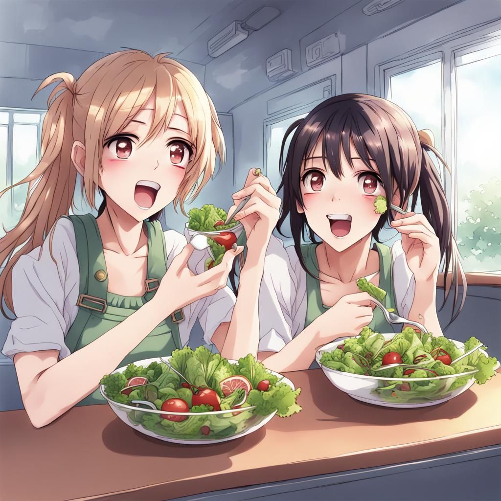 Girls Eating Salad in Anime Key Visual Style