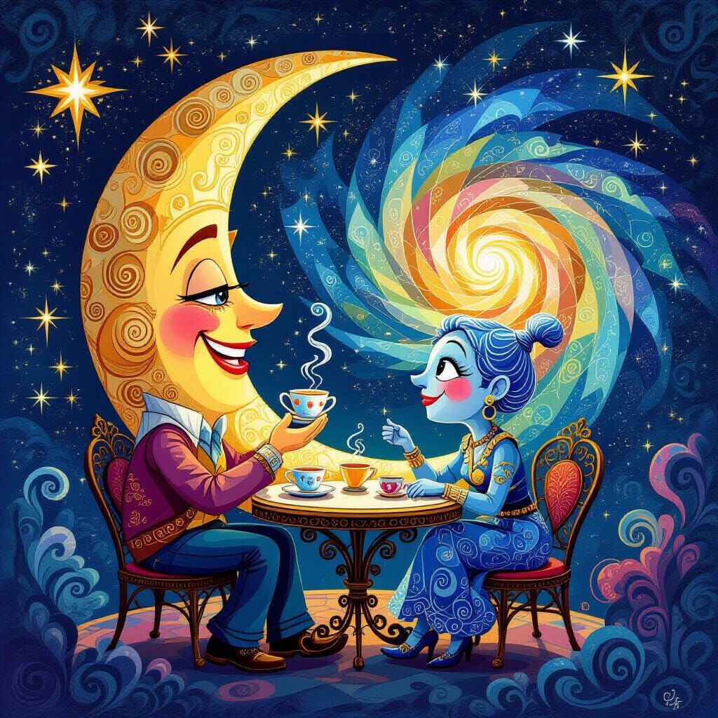 Cosmic Tea Party: Moon, Stars, and Galaxies in Abstract Styl...