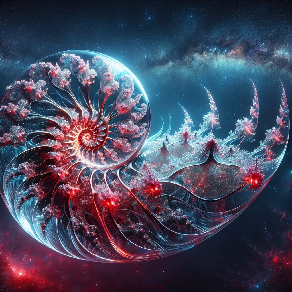 Glass Nautilus with Bioluminescent Fractal Plants