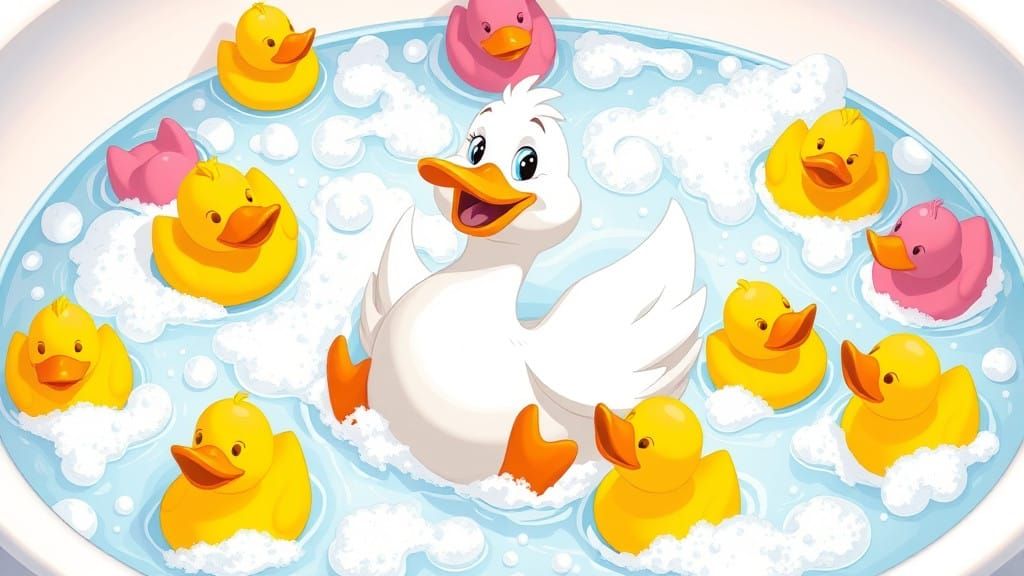Cheerful Duck Surrounded by Colorful Bath Toys in a Playful....