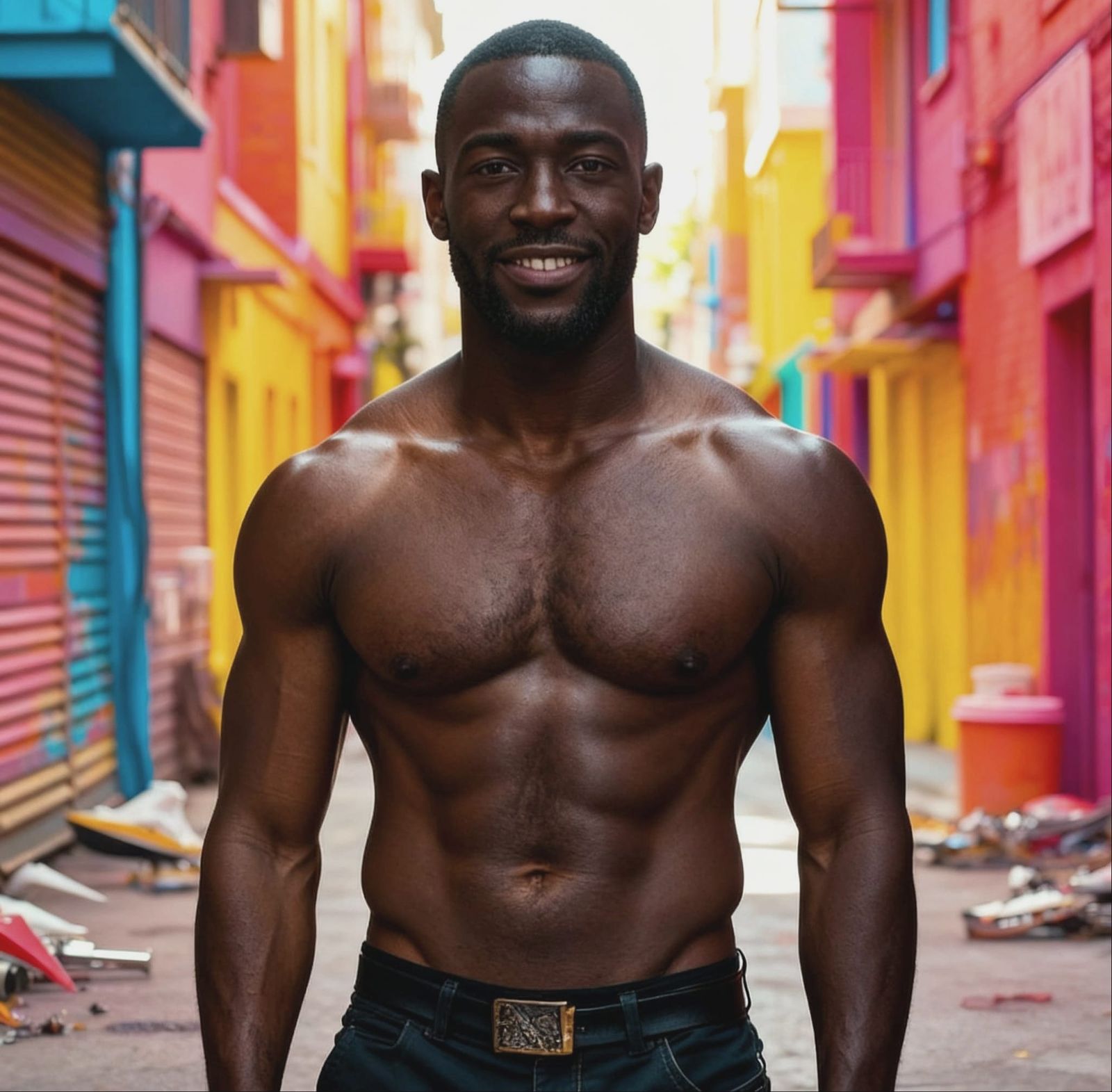 Handsome Black Man Walks Through Bright, Colorful Alley