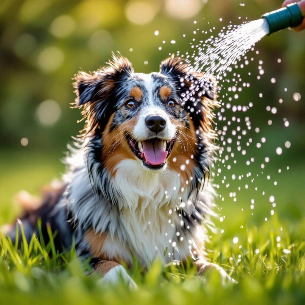 Joyful Australian Shepherd Catches Water Droplets