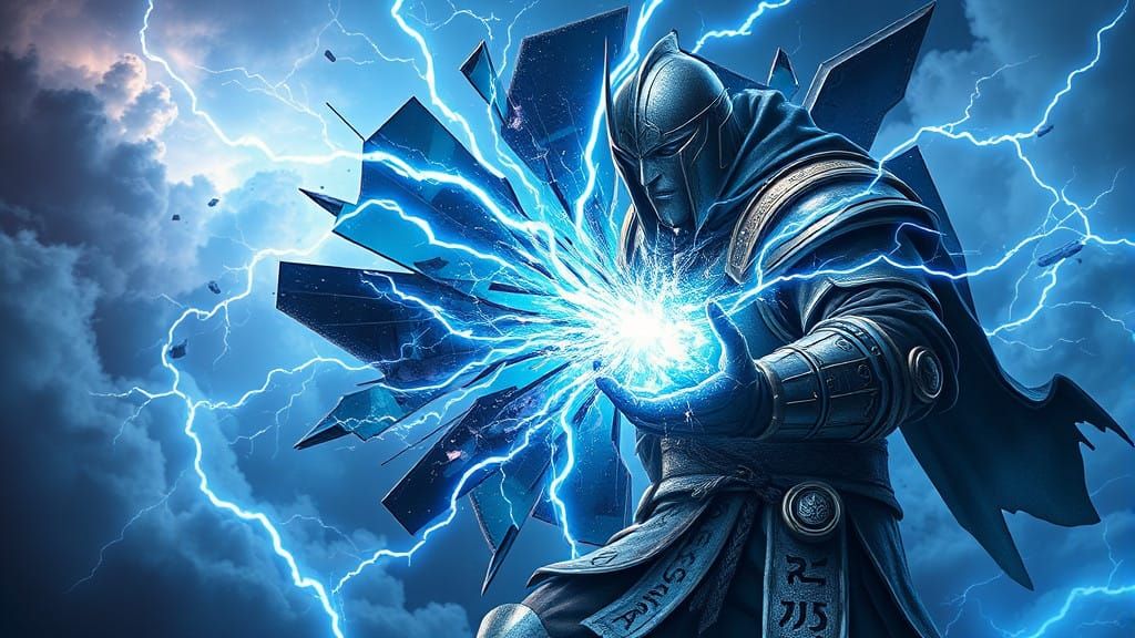 Fierce Warrior Shatters Mirror of Electric Blue Lightning