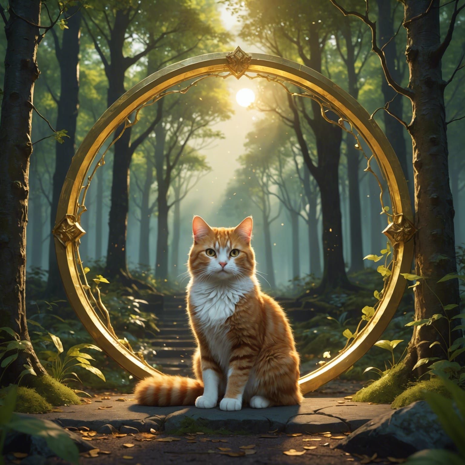 Cat Before Golden Portal: 3D Anime Art