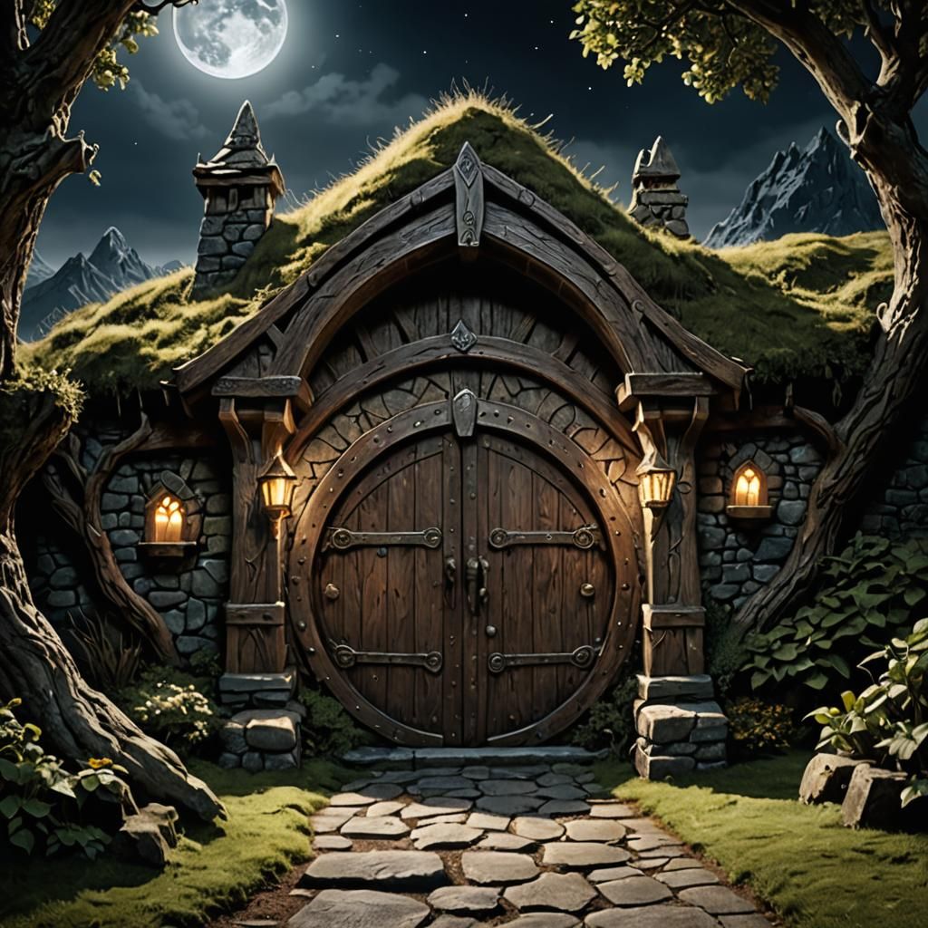 Dwarves Amidst Moonlit Entrance in Lord of the Rings Style