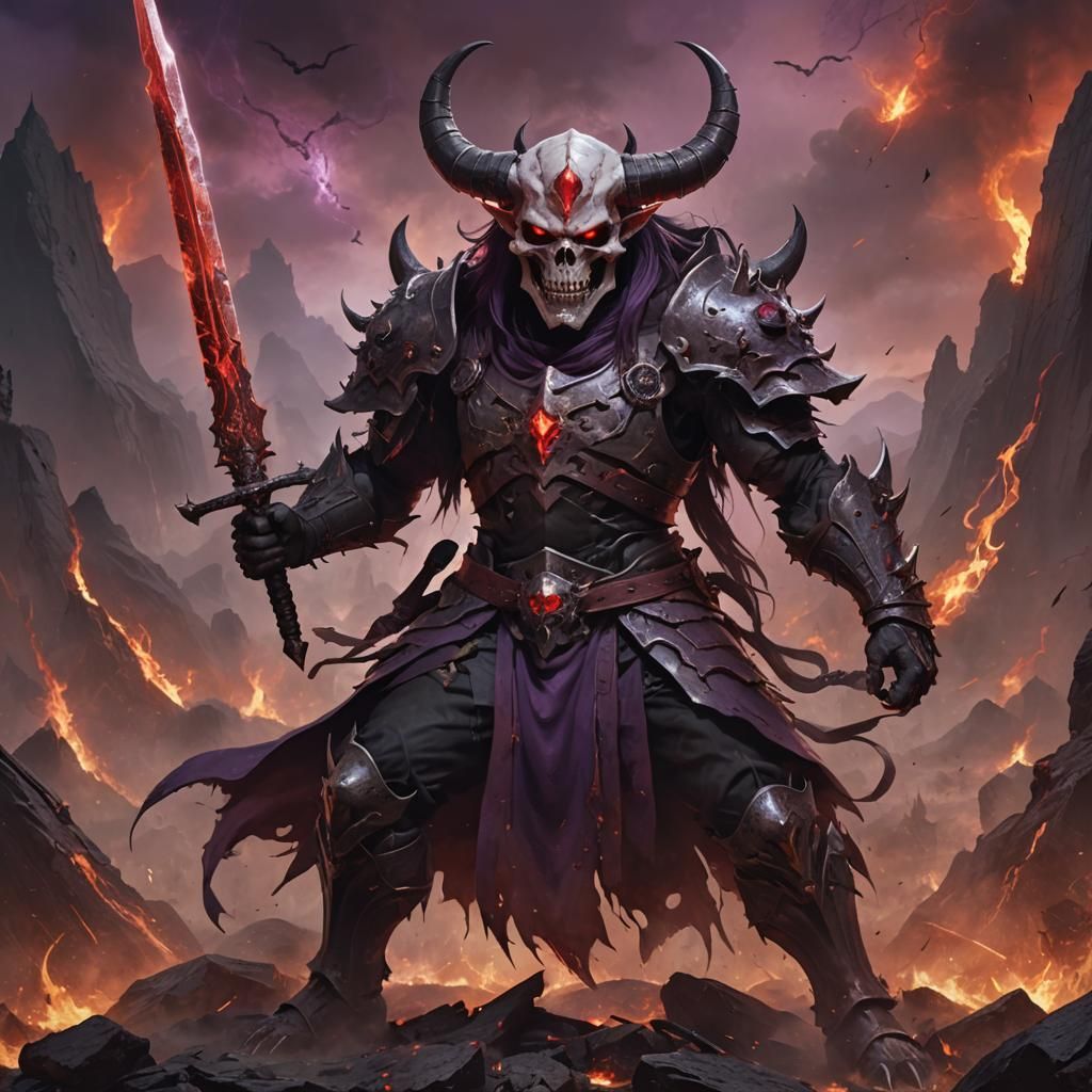 A menacing figure, possibly a warrior or a demon, with a sku...