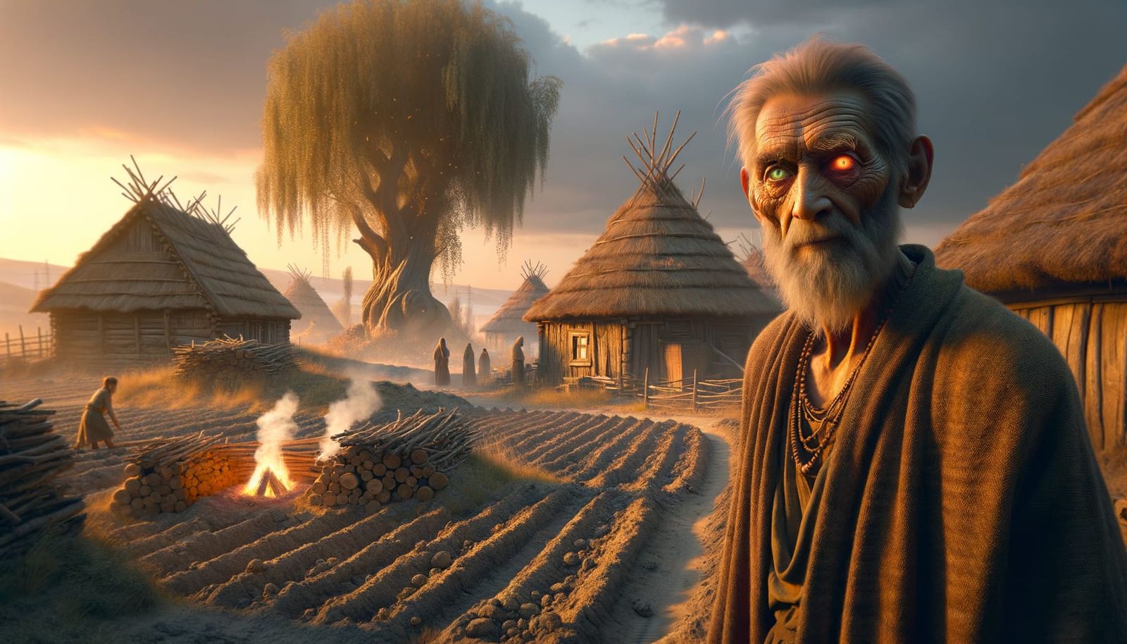 South Asian Elder in Ancient Village at Sunset