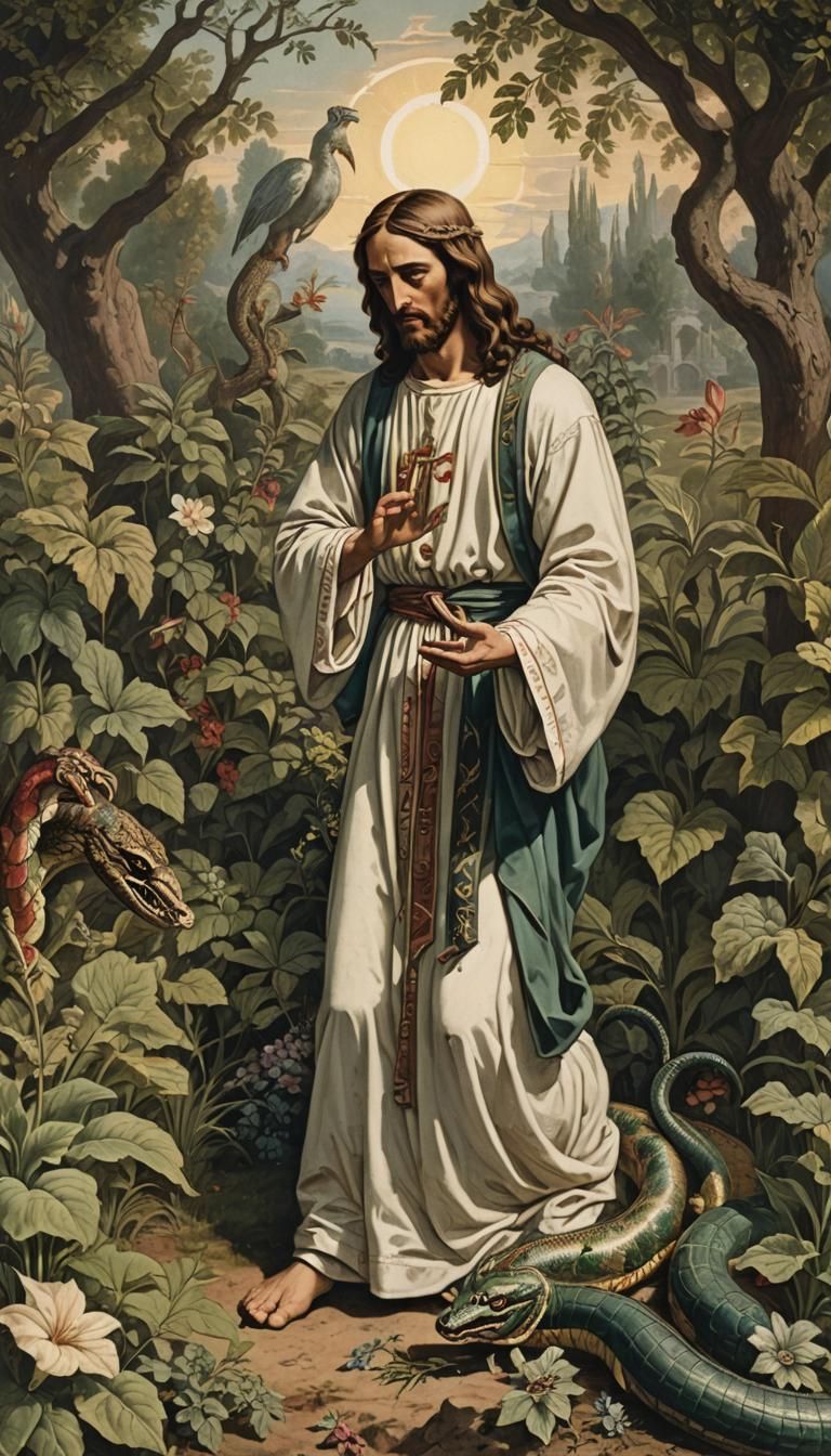 Jesus in Garden Praying, Tempted by Serpent