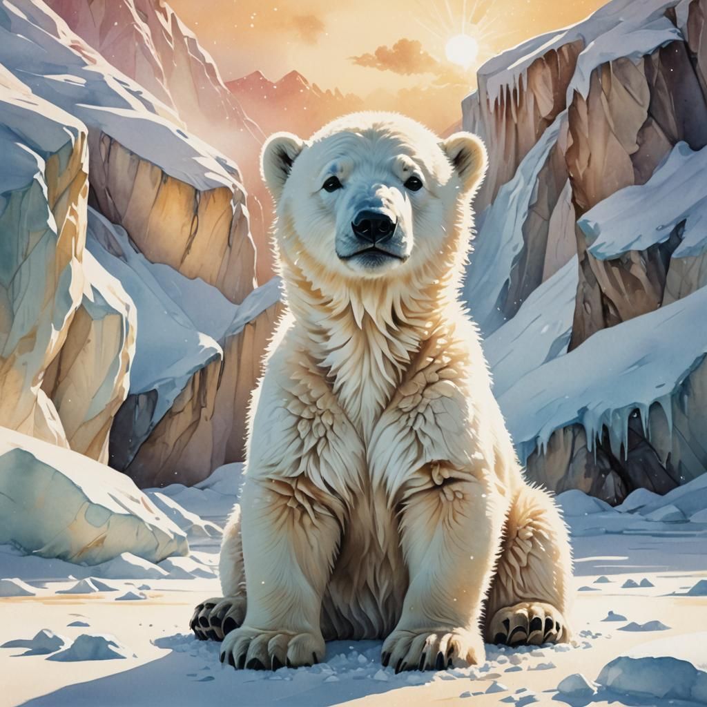 Polar Bear Cub in Watercolor Fantasy Art