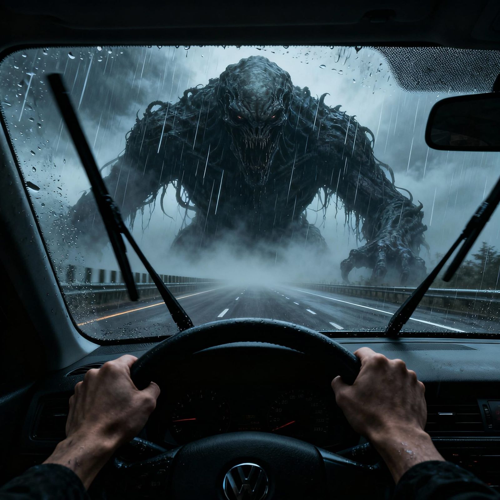 Monster Over Cityscape Through Foggy Car Window