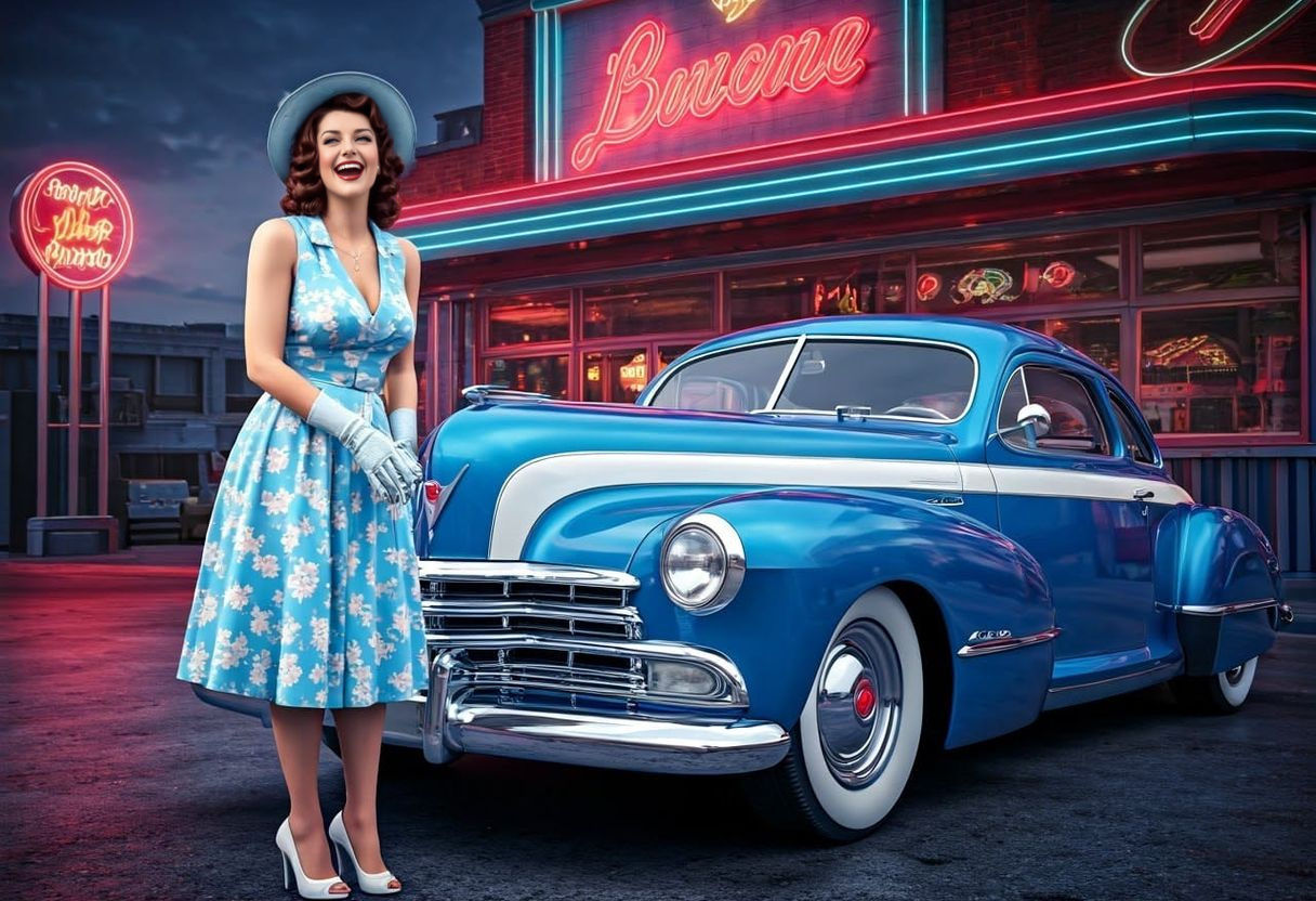 Vintage Pinup Girl in 1940s Style with Chrome Car