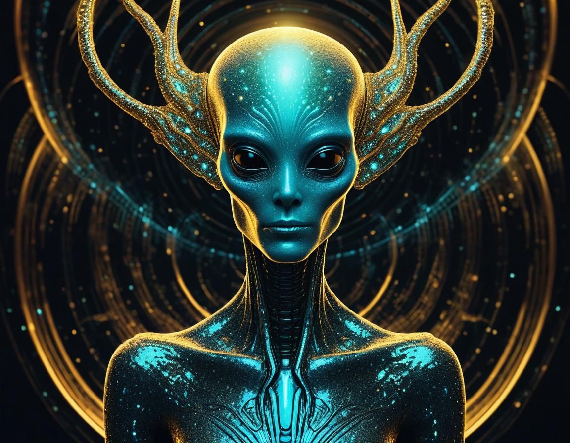 Ethereal Evil Alien in Psychedelic Cyber Gold Style