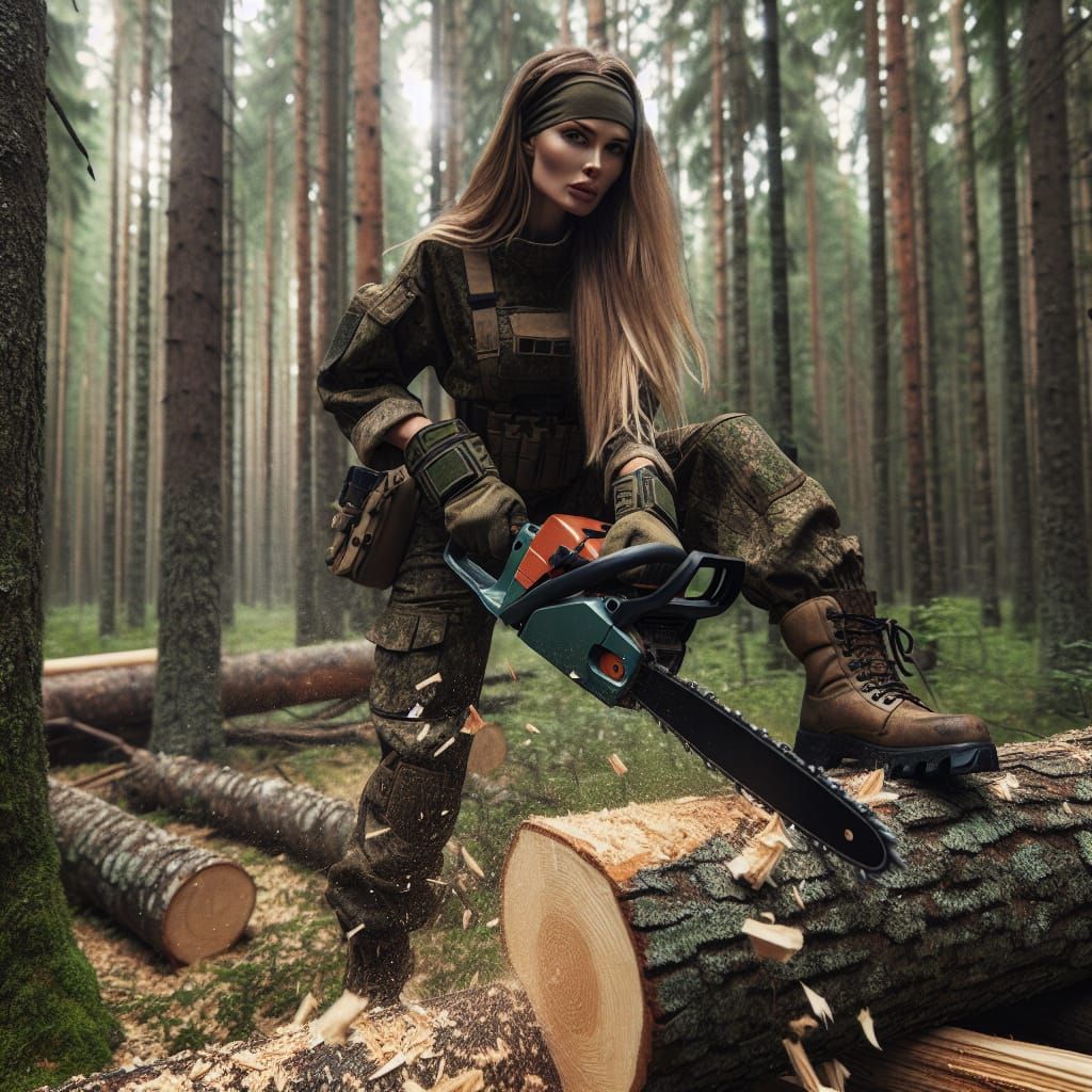 Woman Cutting Log With Chainsaw in Forest