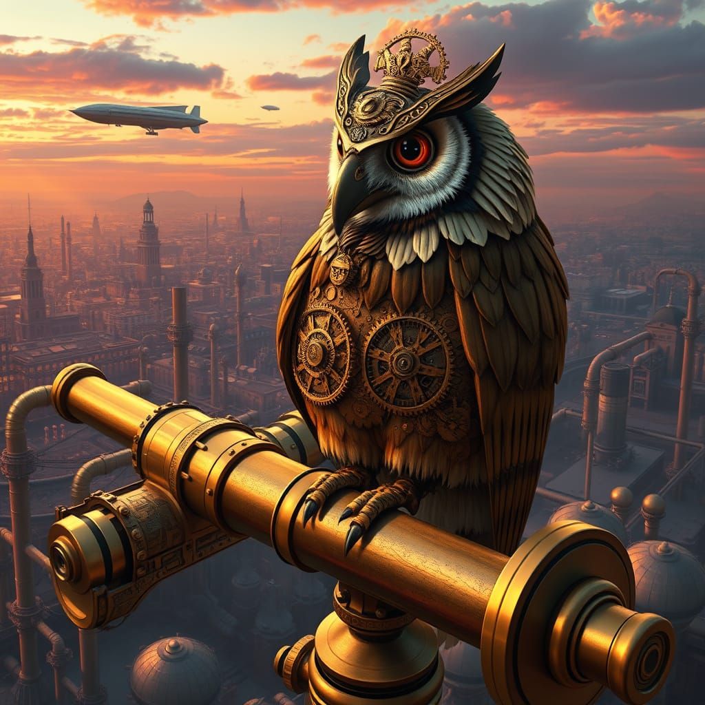 Clockwork Owl on Telescope Over Steampunk Cityscape