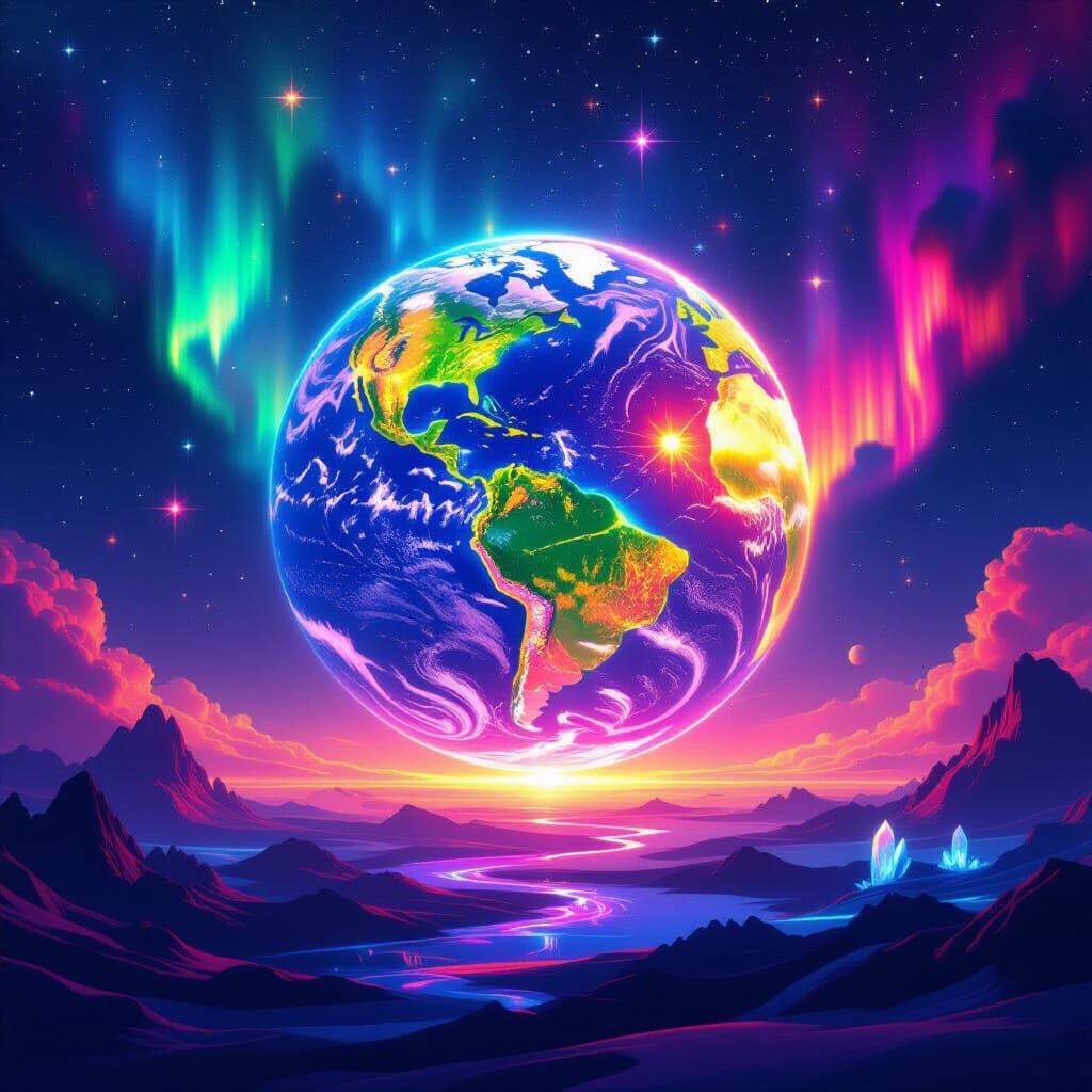 A stunning, high-resolution image of a surreal, glowing Eart...