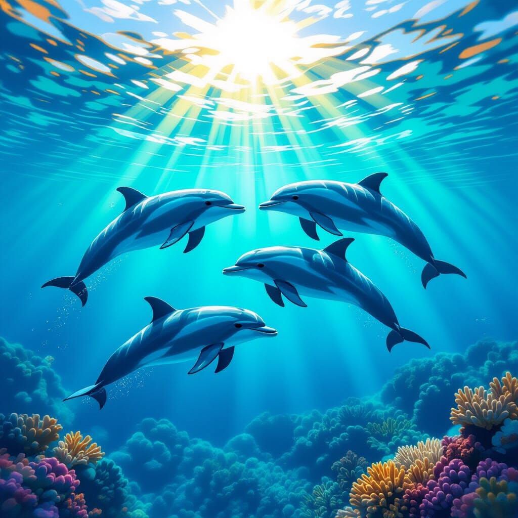 Dolphins Swim in Sunlit Turquoise Ocean