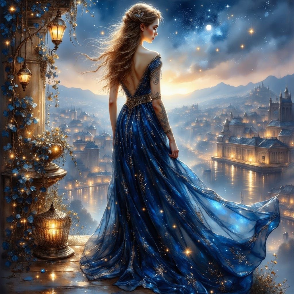 Feyre Overlooks Velaris in Flowing Gown