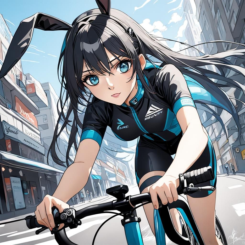 Girl with Bunny Ears Rides a Bike