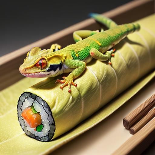 Golden Gecko on Sushi Roll in 3D