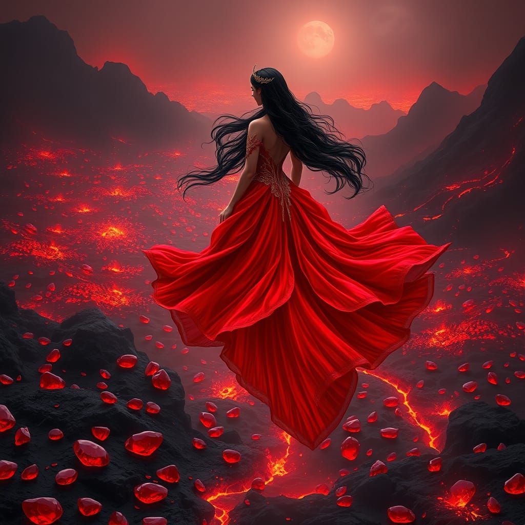 Fantasy Princess in Fiery Red Gown Above Volcanic Landscape