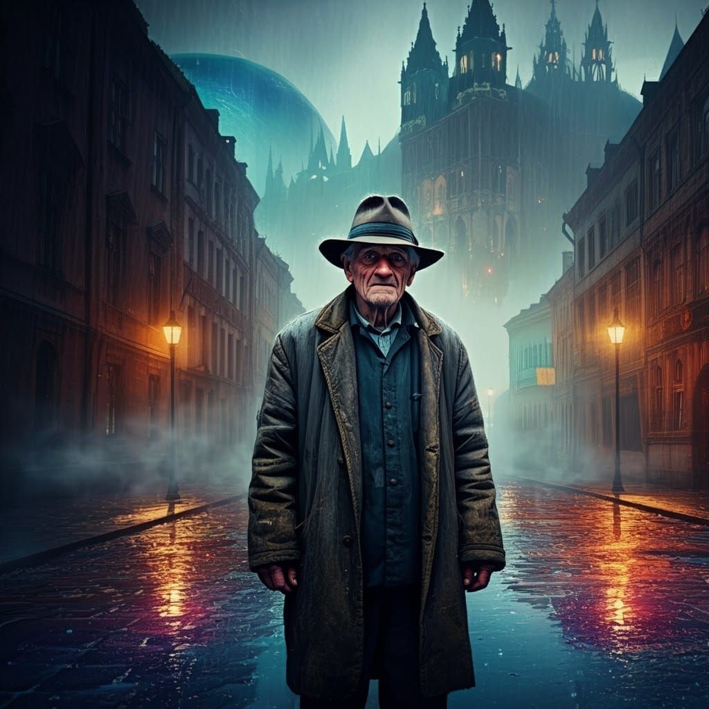 Elderly Man in Rain-Soaked Cyberpunk Cityscape