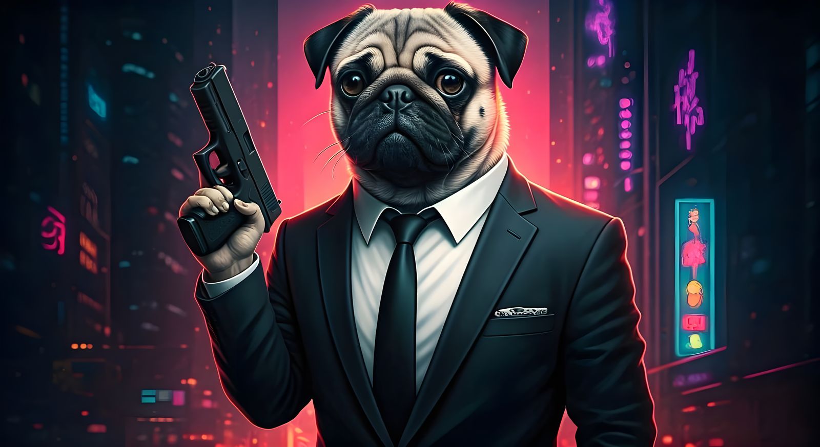 Pug in Suit with Gun, Comic Book Art