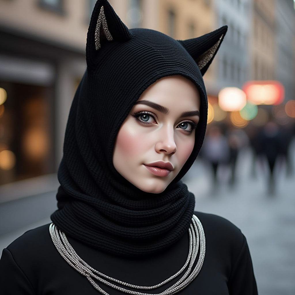 Enticing Girl with Cat Ears in City Portrait
