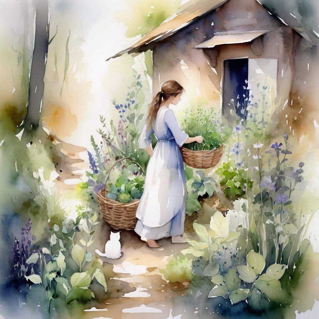 Whimsical Watercolor of Enchanted Herb Garden