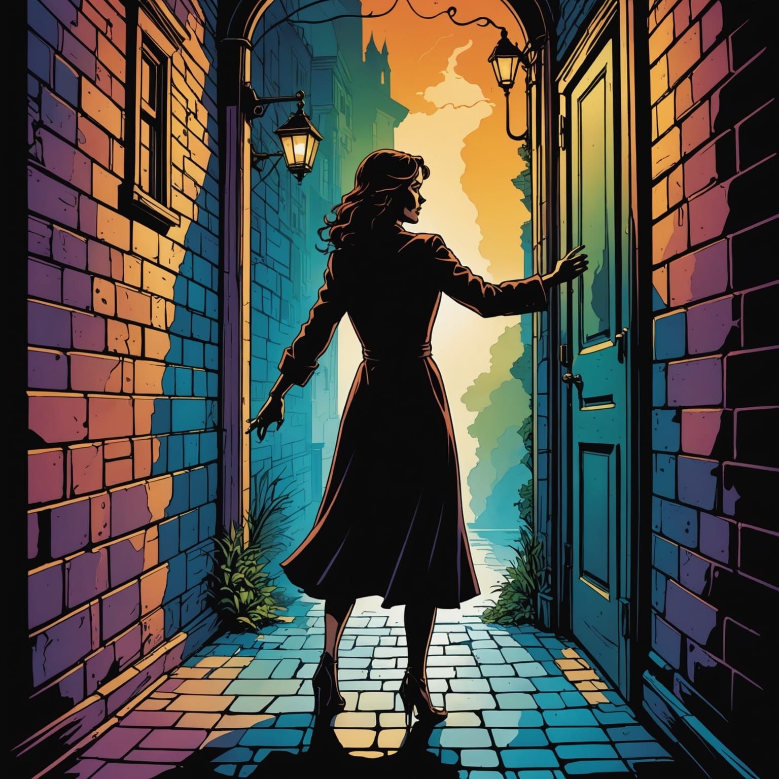 Woman Reaching in Mysterious Alleyway in Alcohol Ink Style