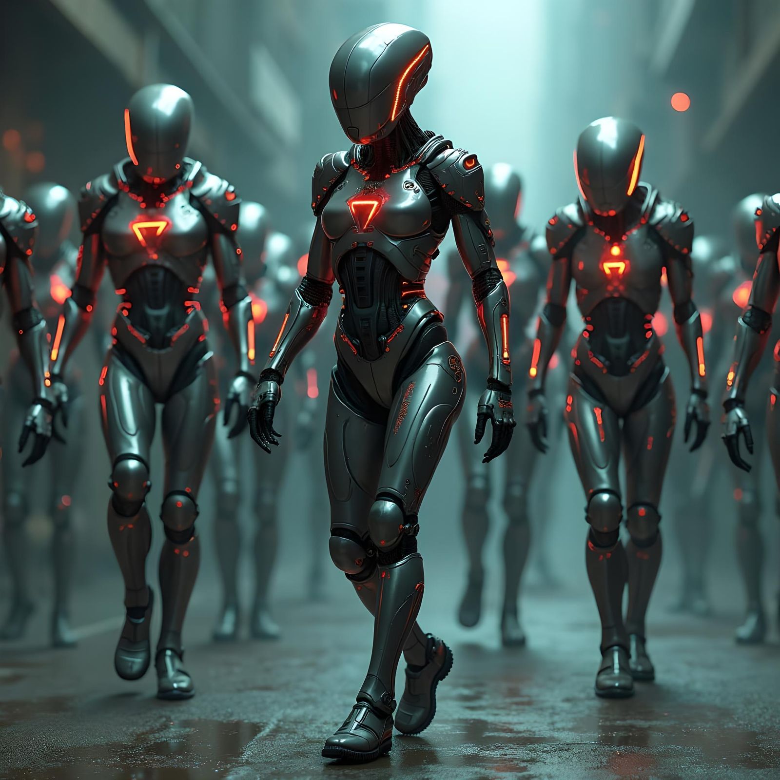 A group of robots walking together along a city street, show...