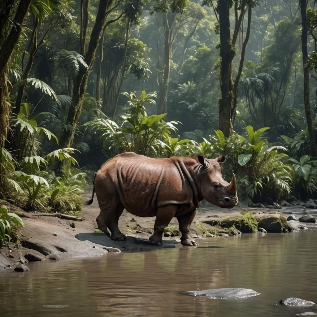 Sumatran Rhino Drinking in Jungle River Habitat