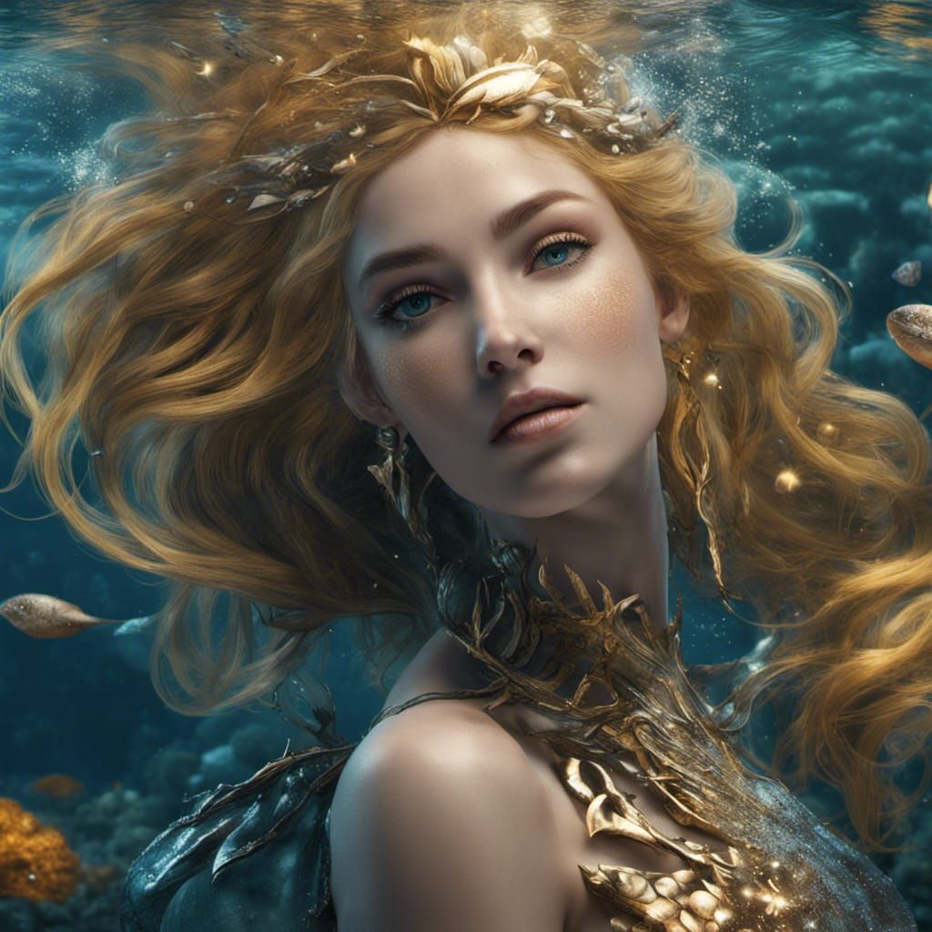 Underwater Mermaid with Golden Hair in Fantasy Art