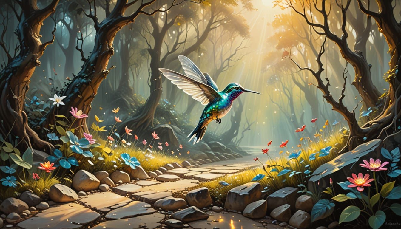 Crystal Hummingbird Glides Through Surreal Landscape