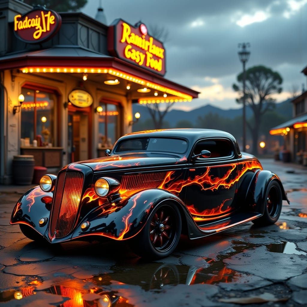 Hyper-Realistic 1934 Ford Coupe at a Vintage Gas Station
