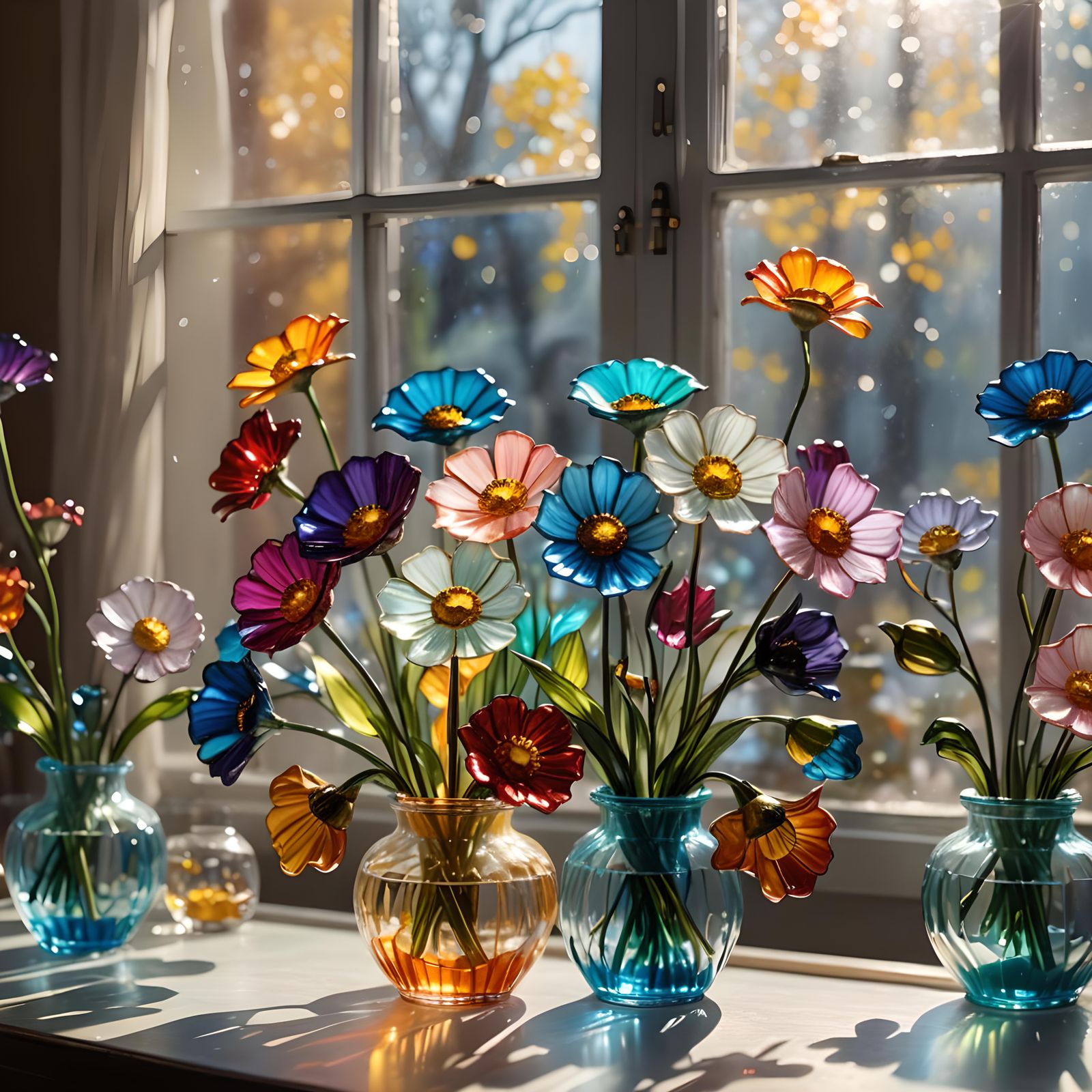 Vibrant Glass Flowers in a Sunlit Vase