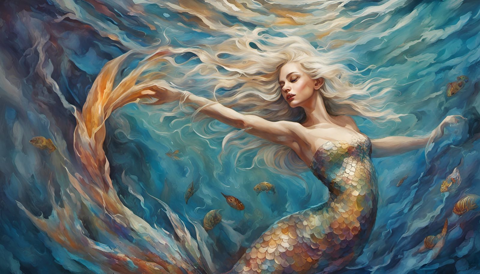 Platinum Blonde Mermaid Swimming in Ocean, Prism Art