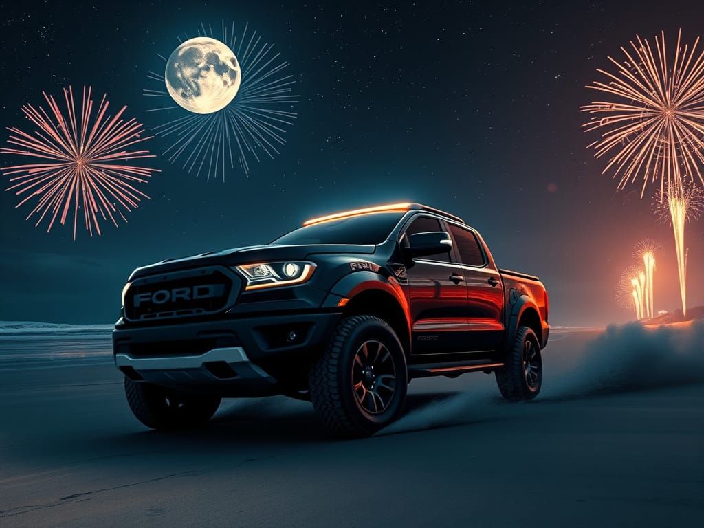 Ford Ranger Raptor on Beach at Night in Digital Painting Sty...