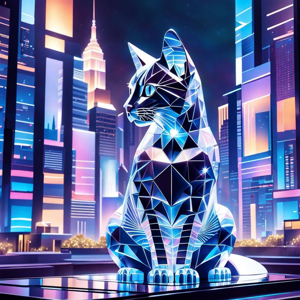 Hologram Cat Projection in Futuristic City