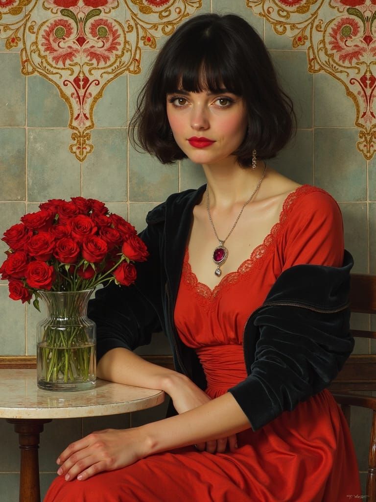 Elegant Woman with Roses in Art Nouveau Style