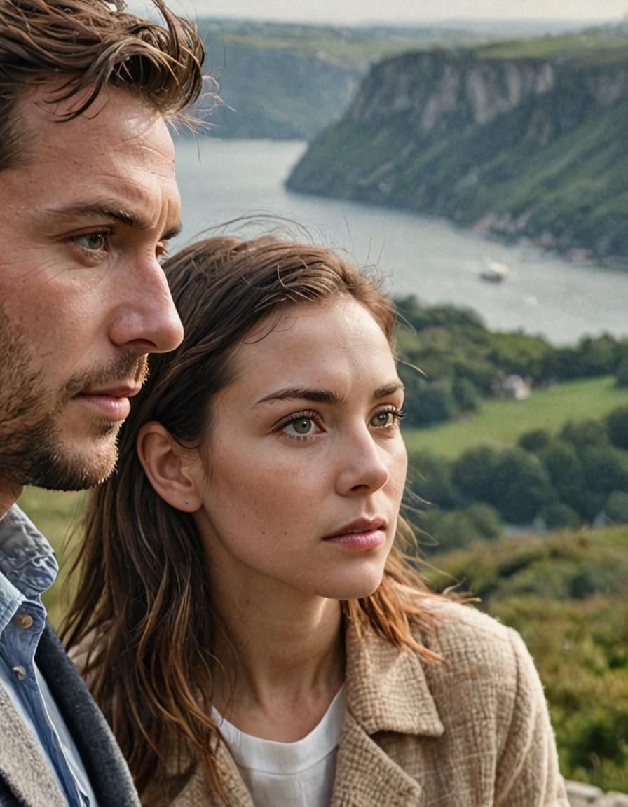 Photorealistic Portrait of Couple Gazing at View