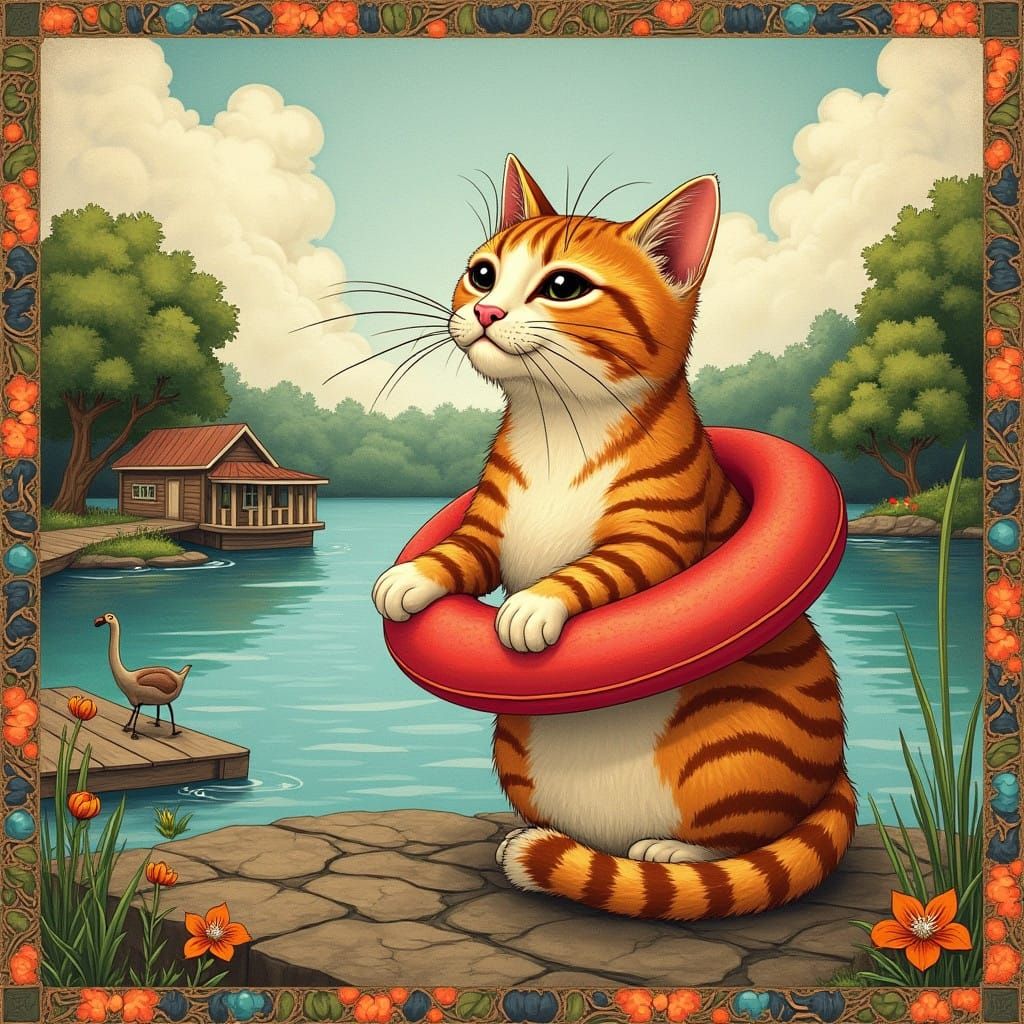 Whimsical Cat in Vintage Swimming Scene