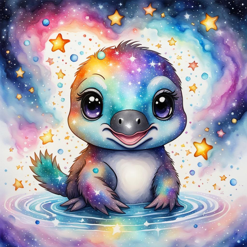 Cute Sparkling Platypus in Galactic Nebula Watercolor
