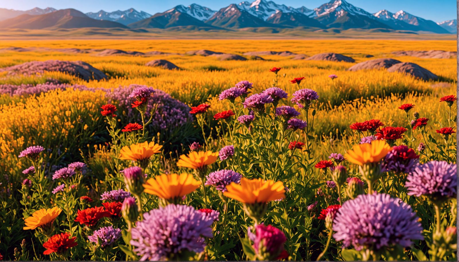 Rolling Flowering Prairie with Mountains: Hyperrealistic 4K