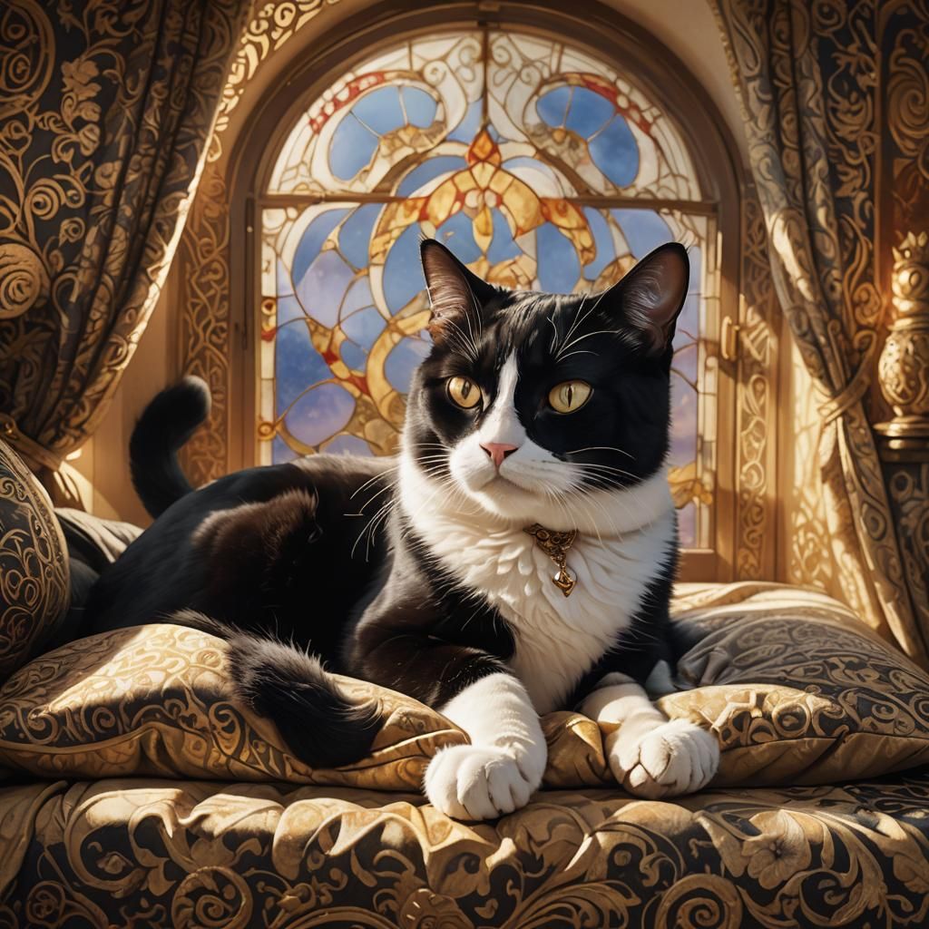 Luxurious Tuxedo Cat in Fantasy Matte Painting
